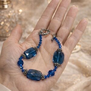 Handmade Blue Crystal Bead Bracelet with Silver Accents